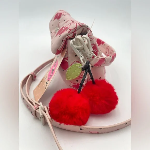 BETSEY JOHNSON Pink Bow LBCORAL Cherries Hearts Crossbody Purse with Pom Pom - Picture 7 of 9